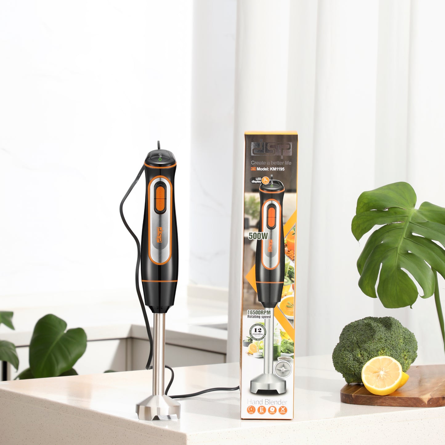 DSP Immersion Blender Handheld, 500W Cordless Electric Hand Mixer with 4 Stainless Steel Blades, 6-Speed Electronic Touch Control & LED Display, Detachable 304 Stainless Steel Stirring Bar for Smoothies, Puree, Baby Food