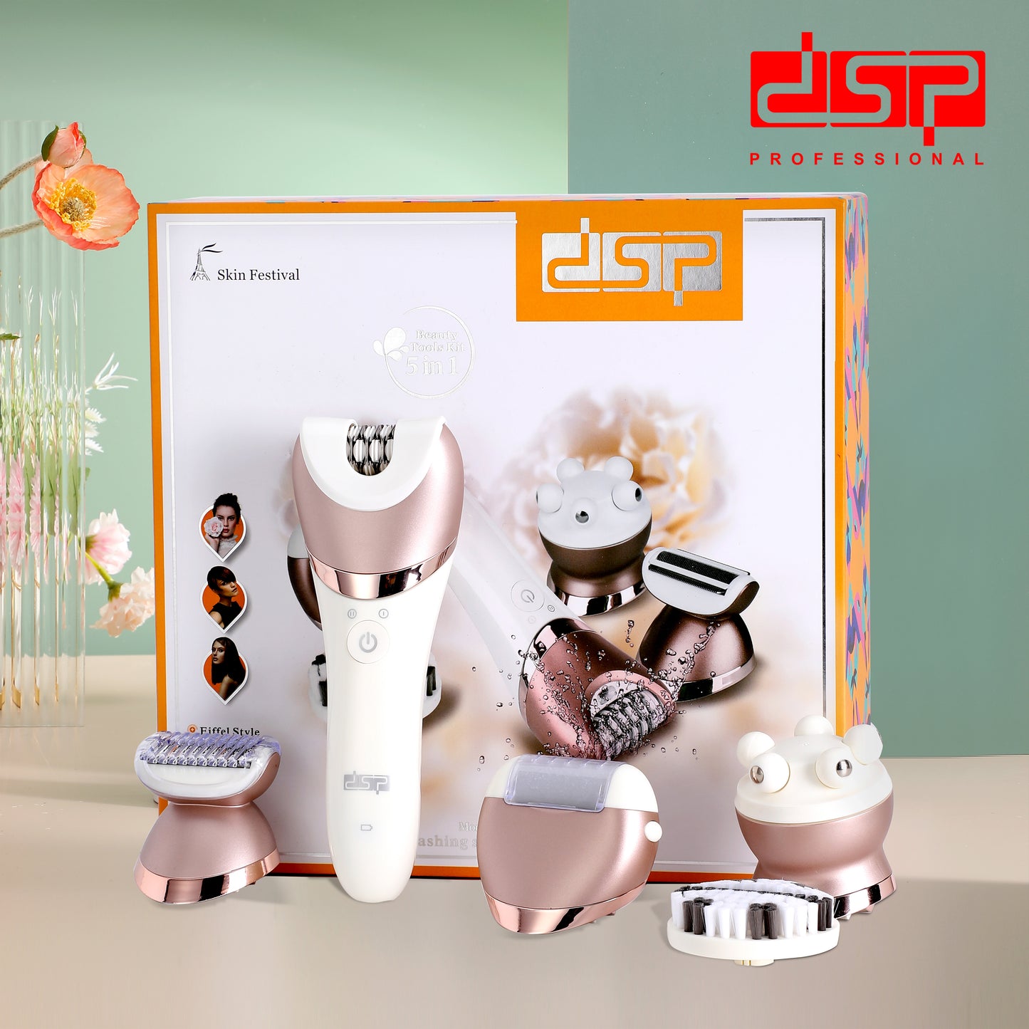 DSP Pro 5-in-1 Beauty Tools Kit | 50Min Runtime + Skin Brush, 1400mAh Portable Skincare Set for Home Spa