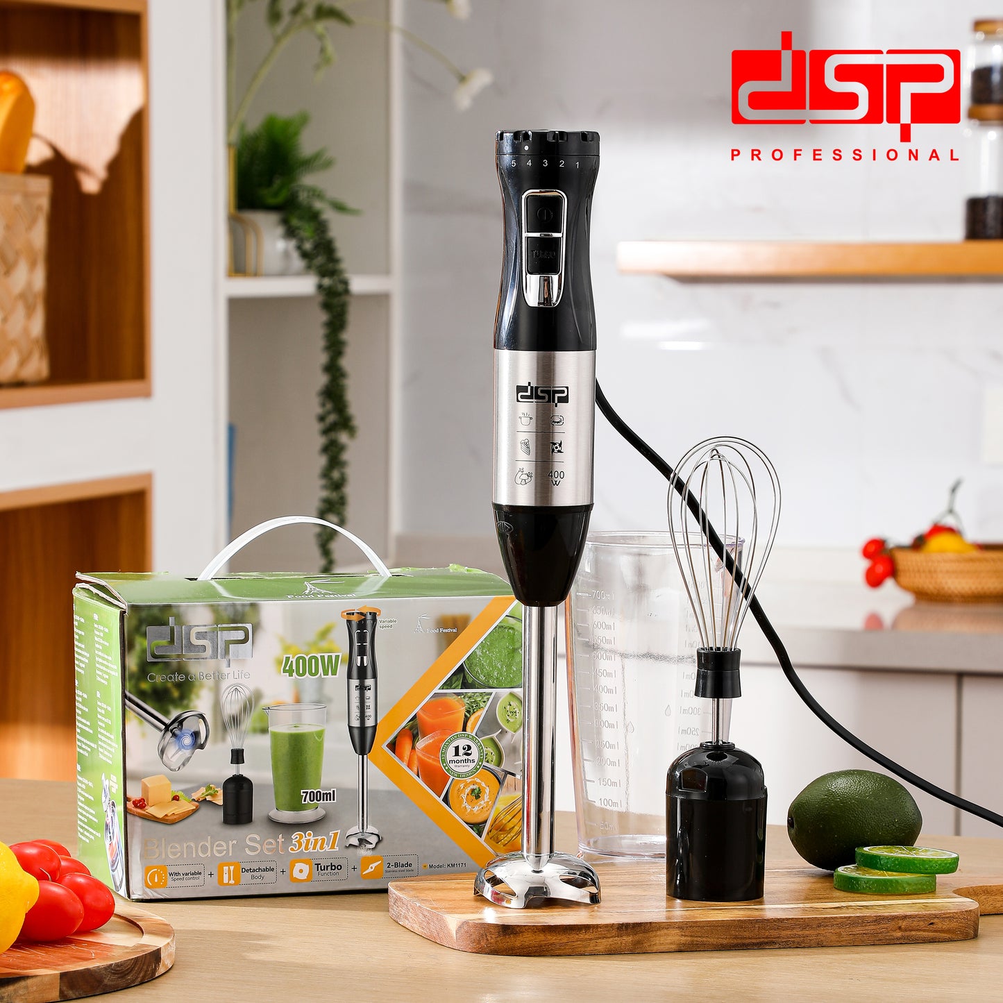 DSP 3 in 1 Immersion Blender Handheld, 400W Corded Electric Stick Emulsion Blender with Turbo Function, Variable Speed, Stainless Steel Blades & Whisk, Perfect for Smoothies, Soup, Puree (220-240V, 700ml Cup Included)