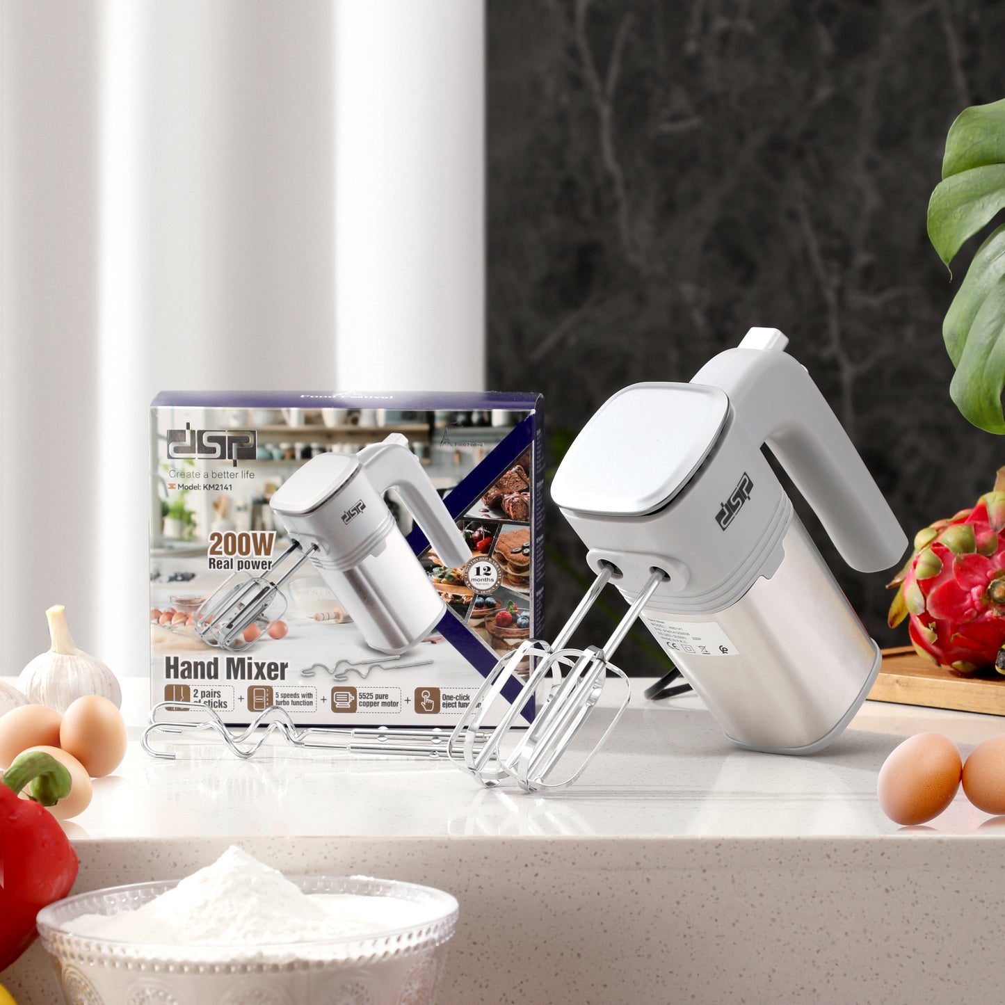 [DSP] 200W Electric Hand Mixer, 5-Speed Adjustable + Turbo Function, Stainless Steel Handheld Mixer with Eject Button, Includes Dual Beaters & Dough Hooks (220-240V, for Home Baking)