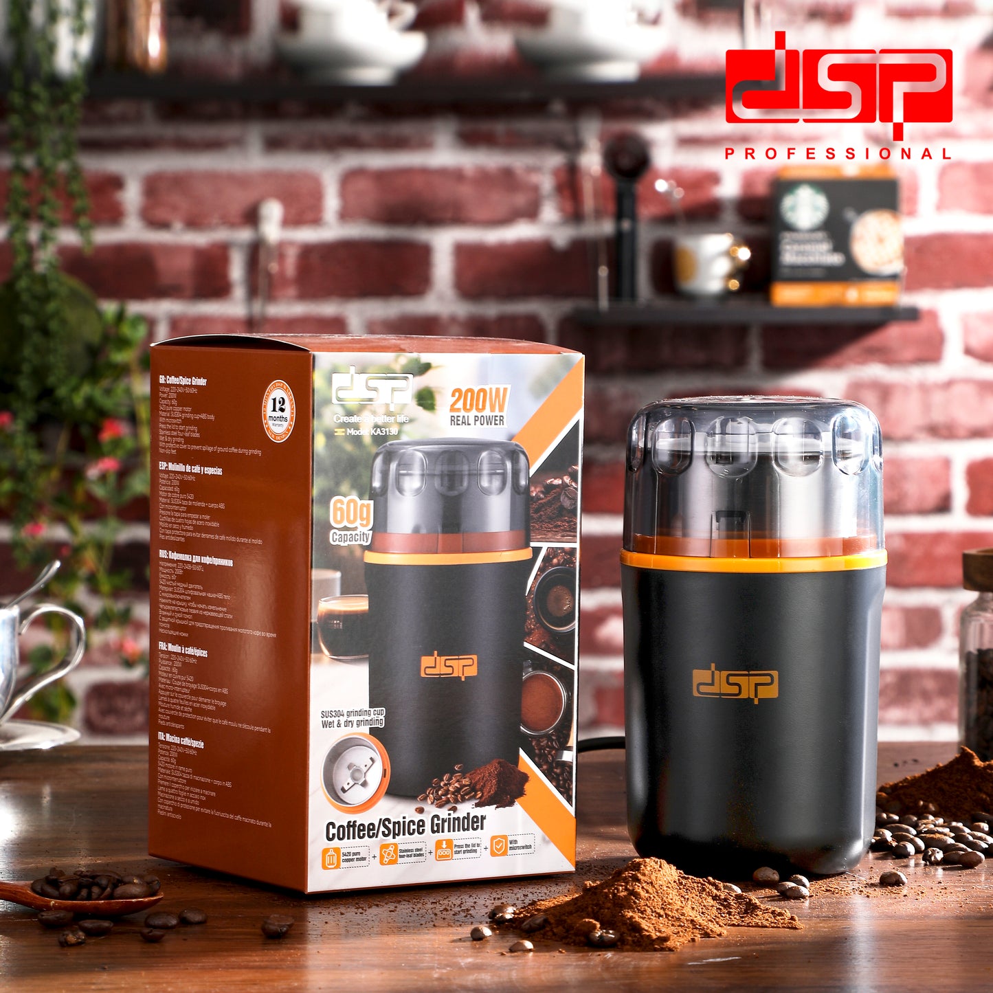 DSP Electric Coffee Grinder - Conical Burr Coffee Grinder with 200W Motor, 60g Capacity, Stainless Steel Blades for Coffee Beans & Spices, Wet & Dry Grinding, Non-Slip Base, 220-240V (Home Use)