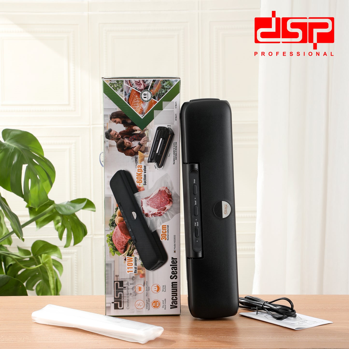 DSP Hot Seller 110W ABS+Stainless Steel Vacuum Sealer, 60Kpa Suction, 30cm Seal, 3 Modes, Includes 10 Bags for Food Preservation & Storage