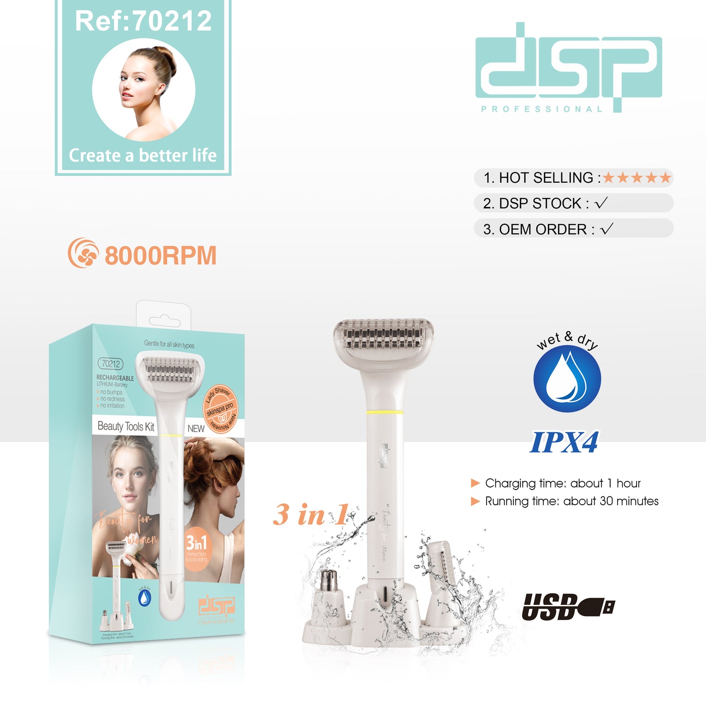 DSP AllZone 3 in 1 Beauty Tools Kit | 7500RPM Turbo & IPX4 Splashproof with 3 Pro Trimmers + Type-C Fast Charge