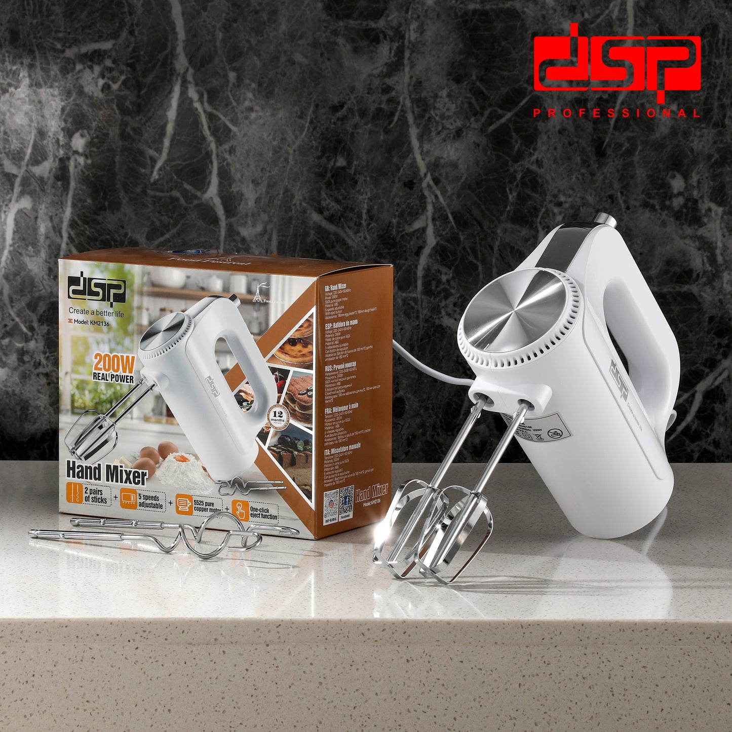 200W Professional Hand Mixer, 5-Speed Turbo & Full Copper Motor, 180mm Attachments for Baking & Cooking