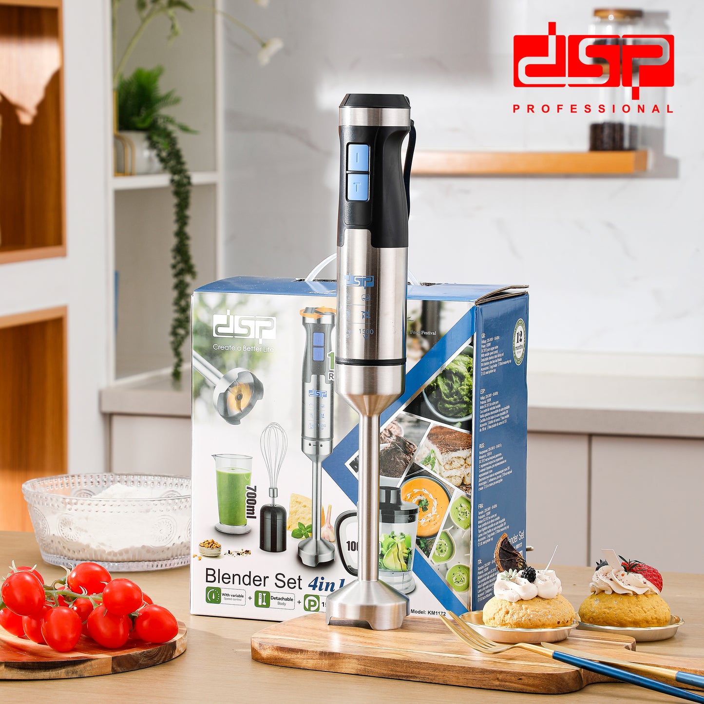 DSP 3 in 1 Immersion Blender Handheld, 1500W Pure Copper Motor, Variable Speed Control, Detachable Stainless Steel Blades, Includes Egg-Beater, 700ml Measuring Cup & 1.0L Meat Grinder – Perfect for Soup, Smoothies, Baby Food (220-240V)