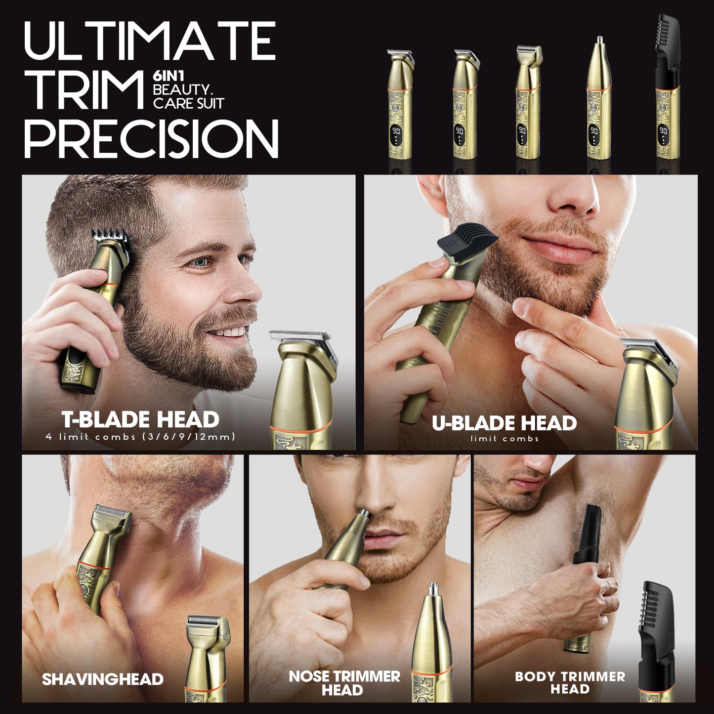 6-in-1 Professional Men's Grooming Kit with 4 Combs, IPX6 Waterproof, 90Min Runtime & LED Display, All-in-One Precision for Beard/Hair/Body Care