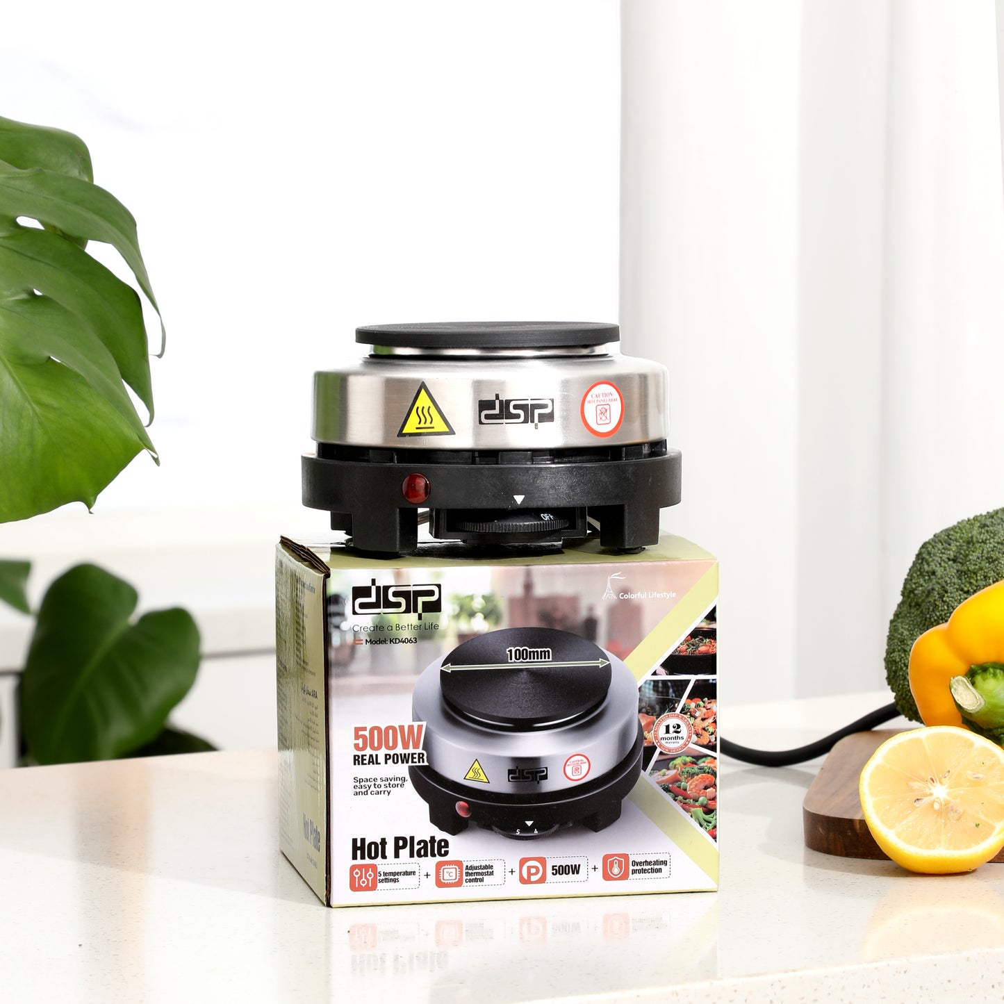 DSP Hot Plate Electric - 500W Single Burner Stove with Adjustable Thermostat, 5 Heat Settings, Overheating Protection, Compact & Portable for Home, Office, Camping (220-240V)