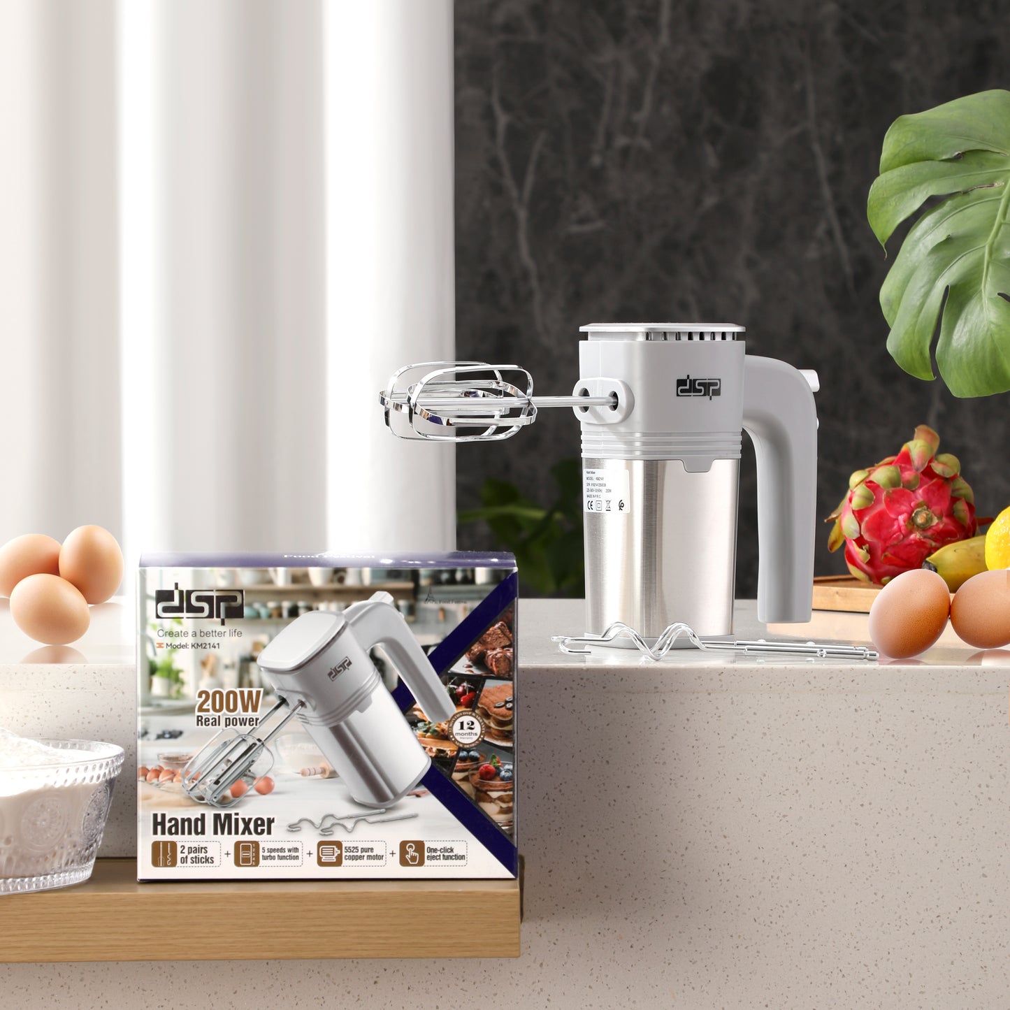 [DSP] 200W Electric Hand Mixer, 5-Speed Adjustable + Turbo Function, Stainless Steel Handheld Mixer with Eject Button, Includes Dual Beaters & Dough Hooks (220-240V, for Home Baking)