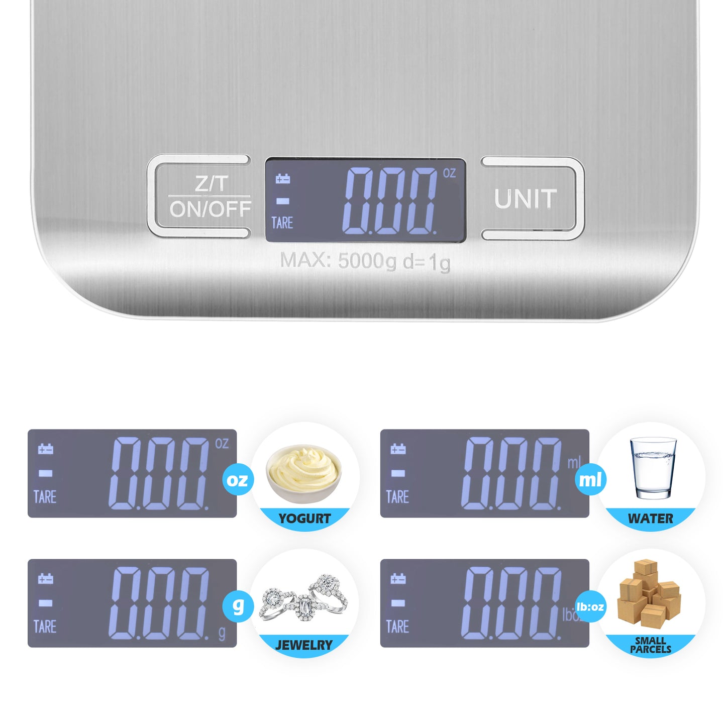 Precision 5kg/1g Multifunction Kitchen Scale with Stainless Steel Surface, High Accuracy Sensor & Auto-Off for Baking/Cooking/Meal Prep