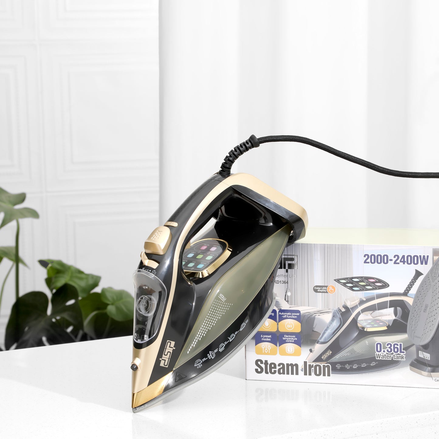 DSP 2400W Steam Iron for Clothes, Ceramic Soleplate, 360ml Tank, 32-42g/min Steam, Spray/Burst/Continuous Steam, Self-Clean, Auto Shut-Off, Retractable Cord, 6 Preset Modes for All Fabrics