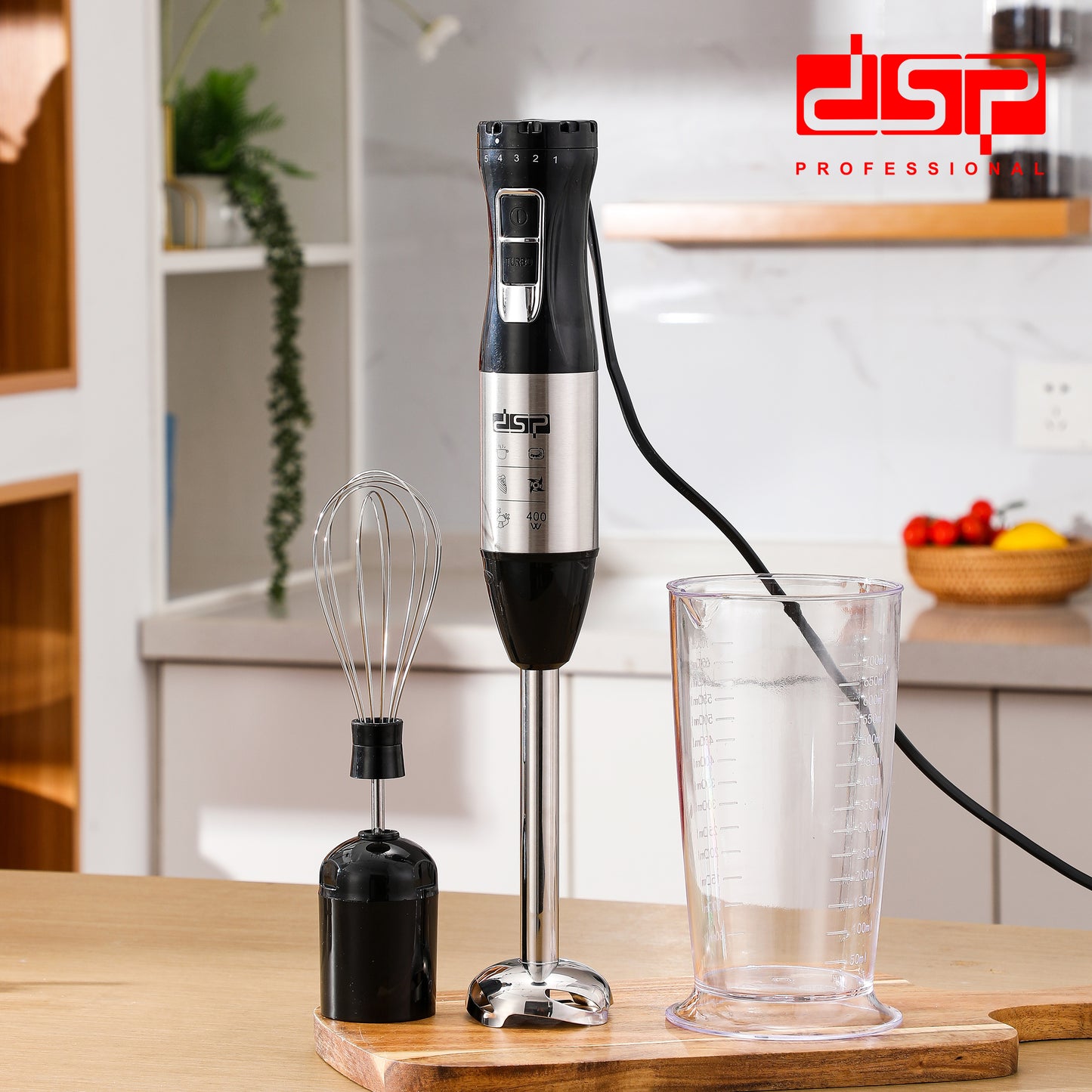 DSP 3 in 1 Immersion Blender Handheld, 400W Corded Electric Stick Emulsion Blender with Turbo Function, Variable Speed, Stainless Steel Blades & Whisk, Perfect for Smoothies, Soup, Puree (220-240V, 700ml Cup Included)
