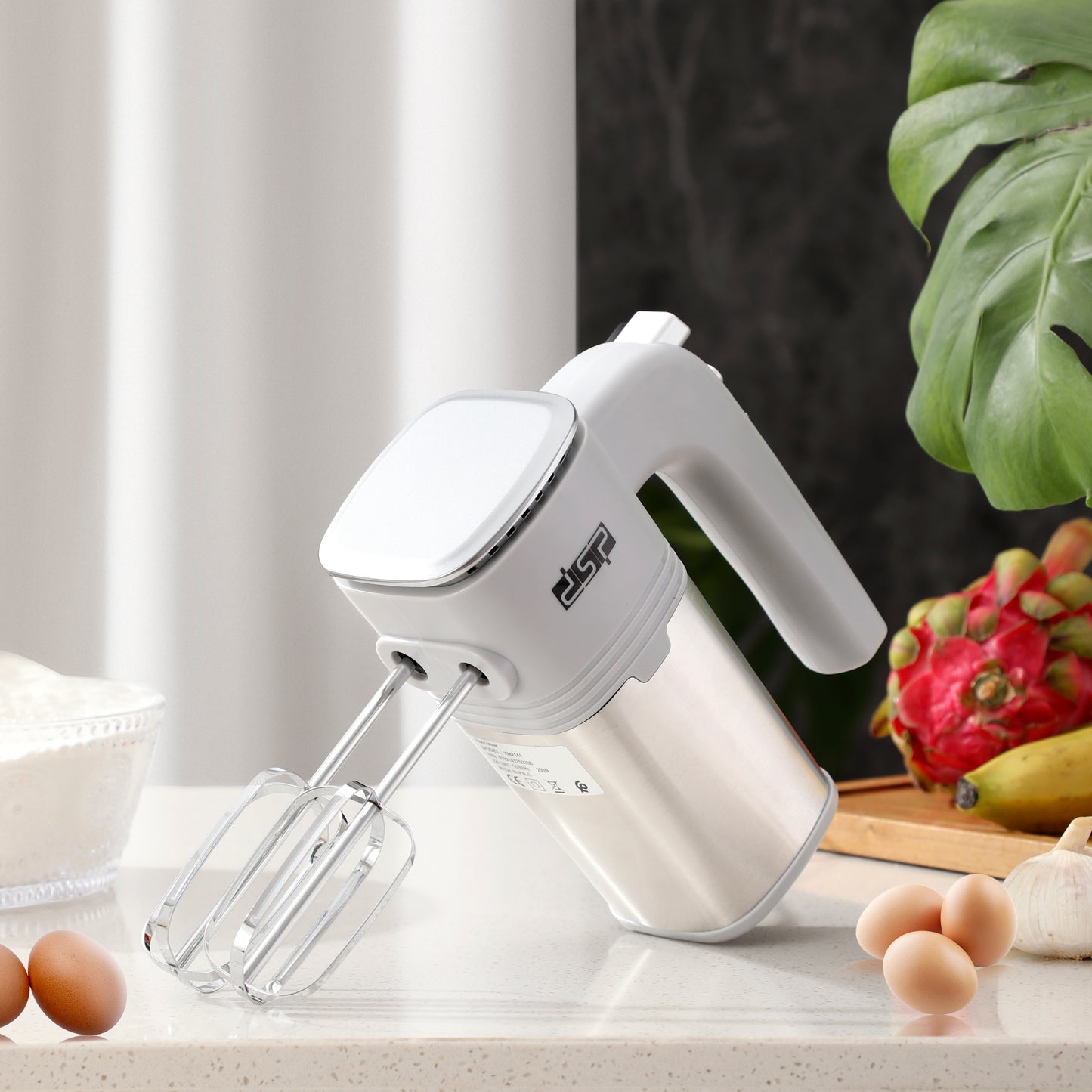 [DSP] 200W Electric Hand Mixer, 5-Speed Adjustable + Turbo Function, Stainless Steel Handheld Mixer with Eject Button, Includes Dual Beaters & Dough Hooks (220-240V, for Home Baking)