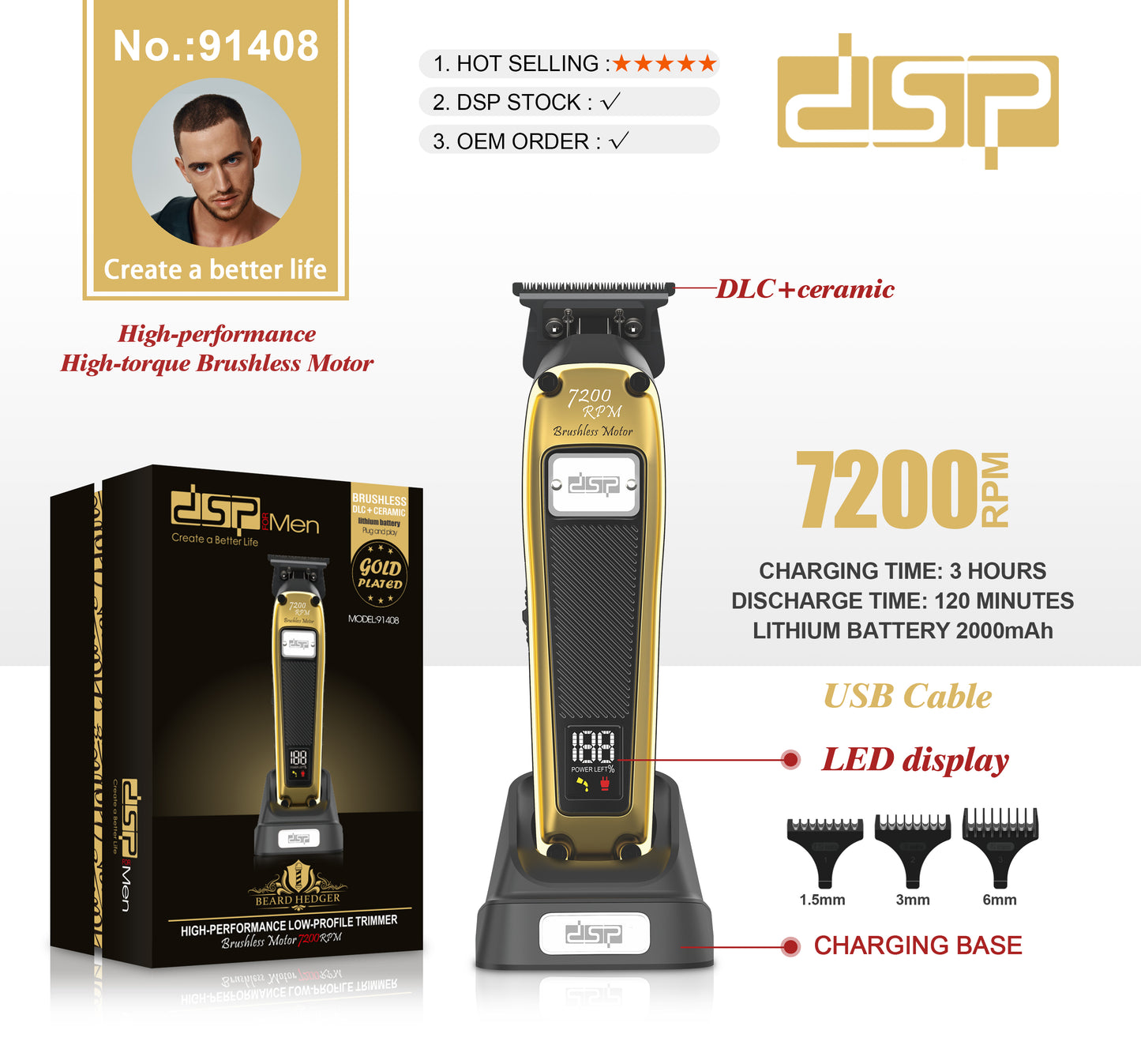 Pro Grooming Brushless Hair Trimmer 7200RPM DLC+Ceramic Blades LED Display 3 Limit Combs Skin-Safe 120Min Runtime for Men's Beard & Body Hair Care