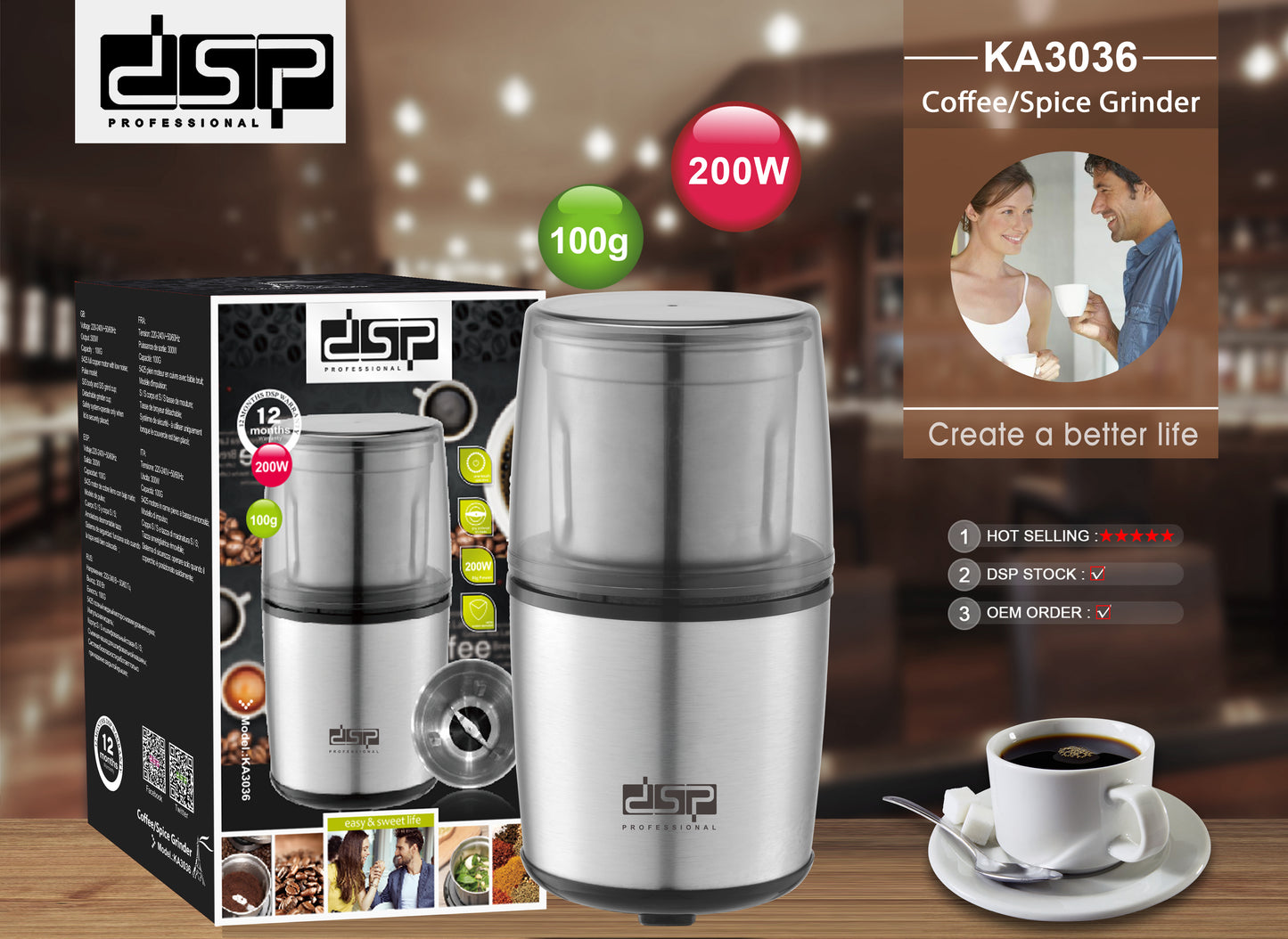 300W Professional Coffee Grinder with Stainless Steel Body, Pulse Mode & Safety Lock, Low Noise Design for Espresso/French Press at Home