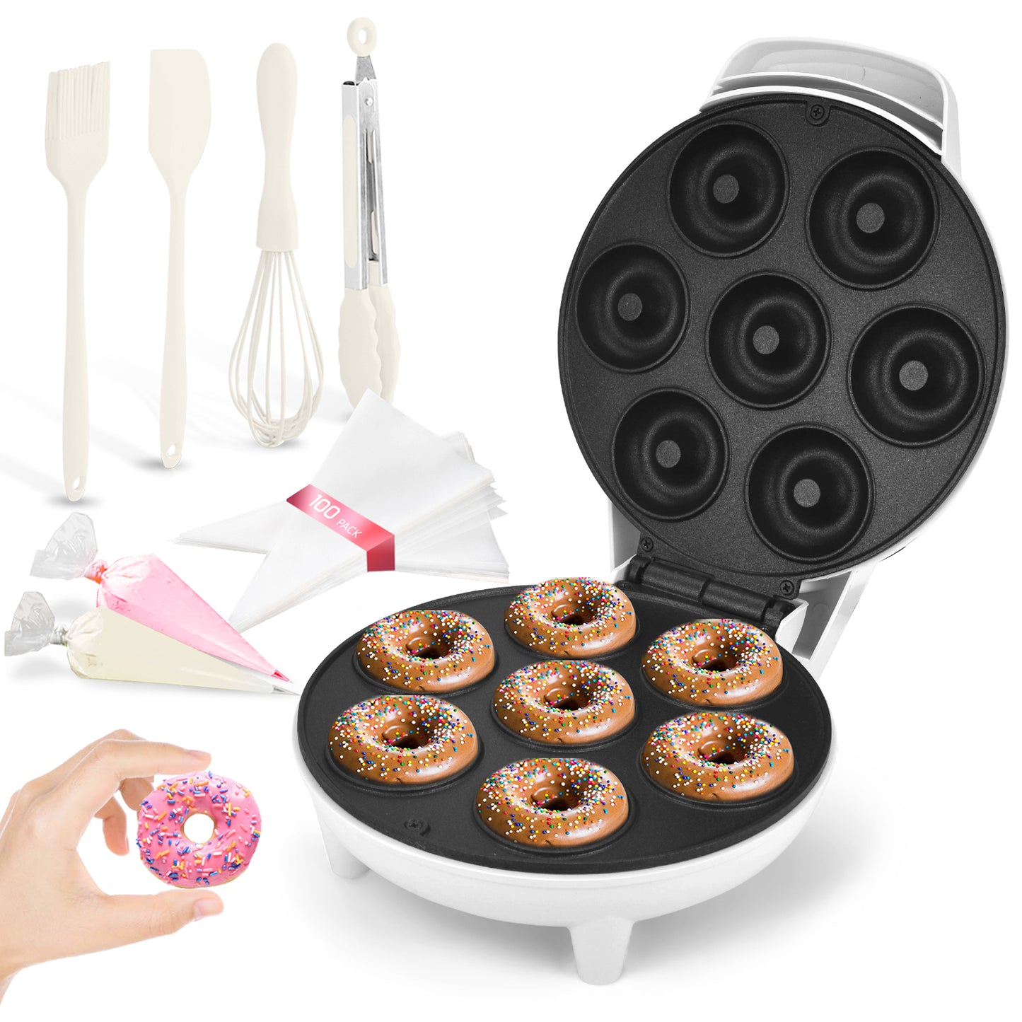 750W Professional Donut Maker with 7 Non-Stick Molds, Thermostatic Control & Cool-Touch Housing, Perfect for Homemade Snacks/Kids Parties