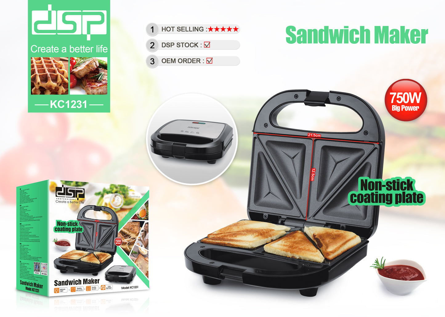 750W Triangle Sandwich Maker with Non-Stick Plates, Cool-Touch Handle & Thermostatic Control for Crispy Toast/Panini/Hash Browns