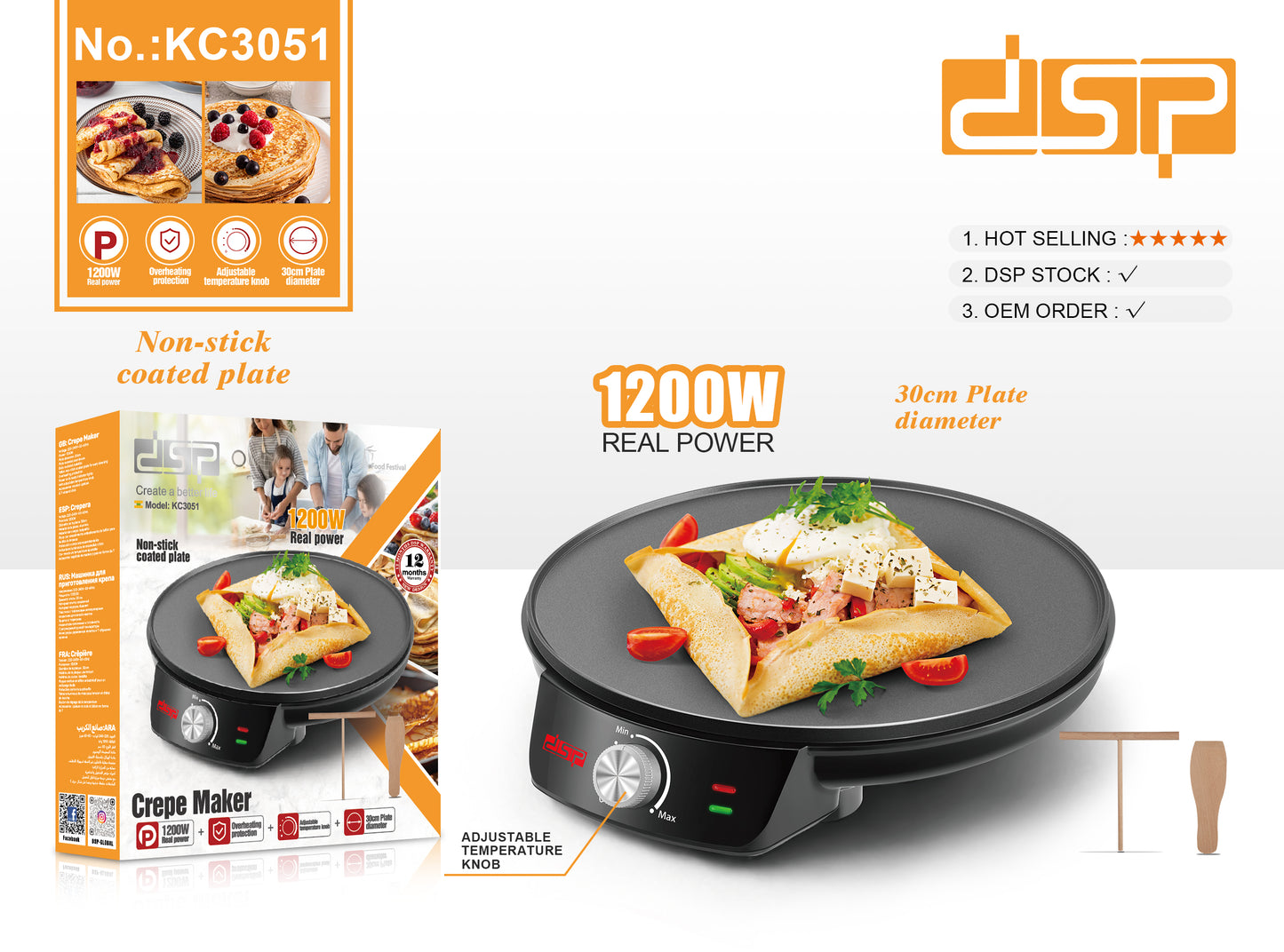 1200W Crepe Maker, 30cm Teflon Non-Stick Plate, Adjustable Temp with Wooden Spatula & Stick, Perfect for Crepes, Pancakes, Breakfast & Desserts