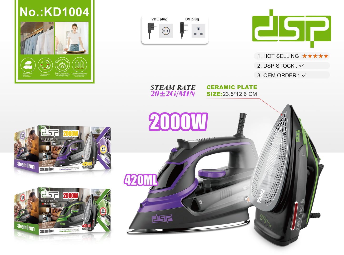 2000W Steam Iron, Ceramic Coating Plate, Adjustable Steam & Temperature, Burst/Vertical Steam, Self-Cleaning, Safe for Fabrics, Perfect for Home & Travel