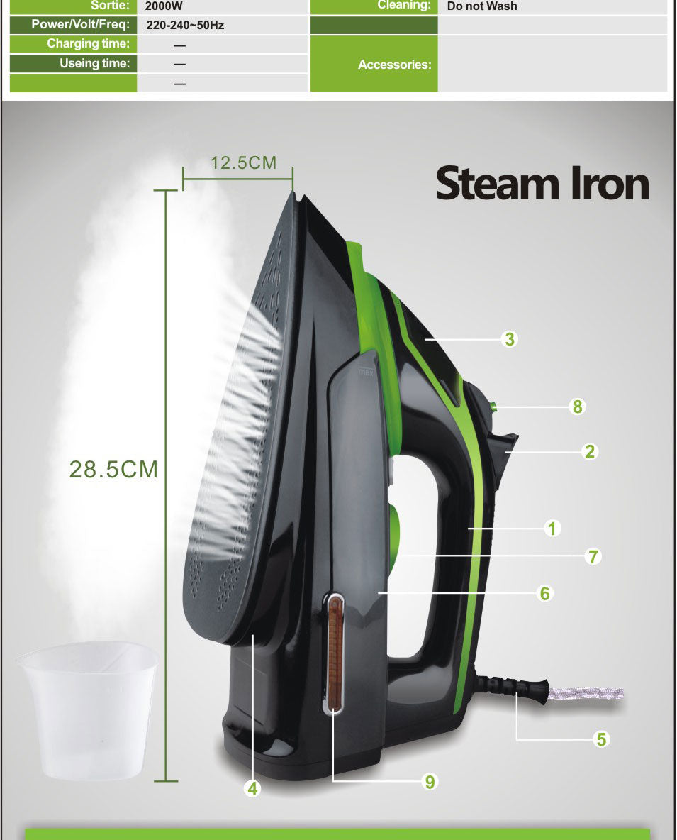 2000W Steam Iron, Ceramic Coating Plate, Adjustable Steam & Temperature, Burst/Vertical Steam, Self-Cleaning, Safe for Fabrics, Perfect for Home & Travel