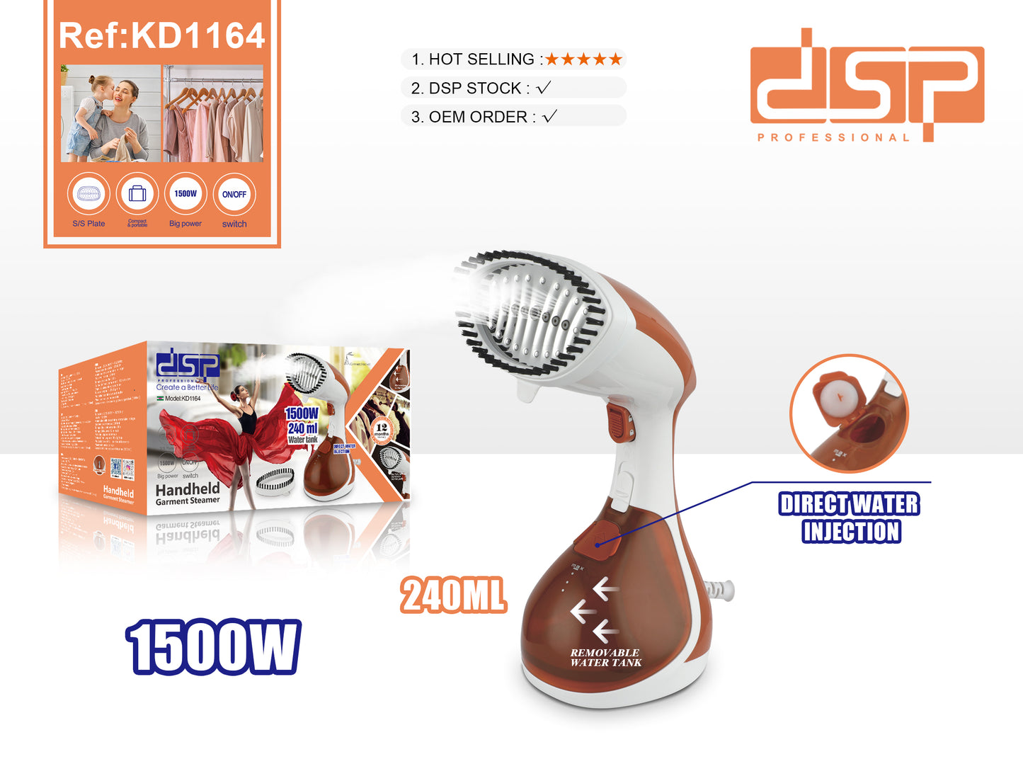 1500W Handheld Garment Steamer, 20-25g/min Continuous Steam & 3-in-1 Ironing with Removable Brush for Fast Wrinkle Removal