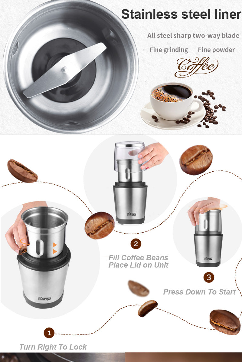 300W Professional Coffee Grinder with Stainless Steel Body, Pulse Mode & Safety Lock, Low Noise Design for Espresso/French Press at Home