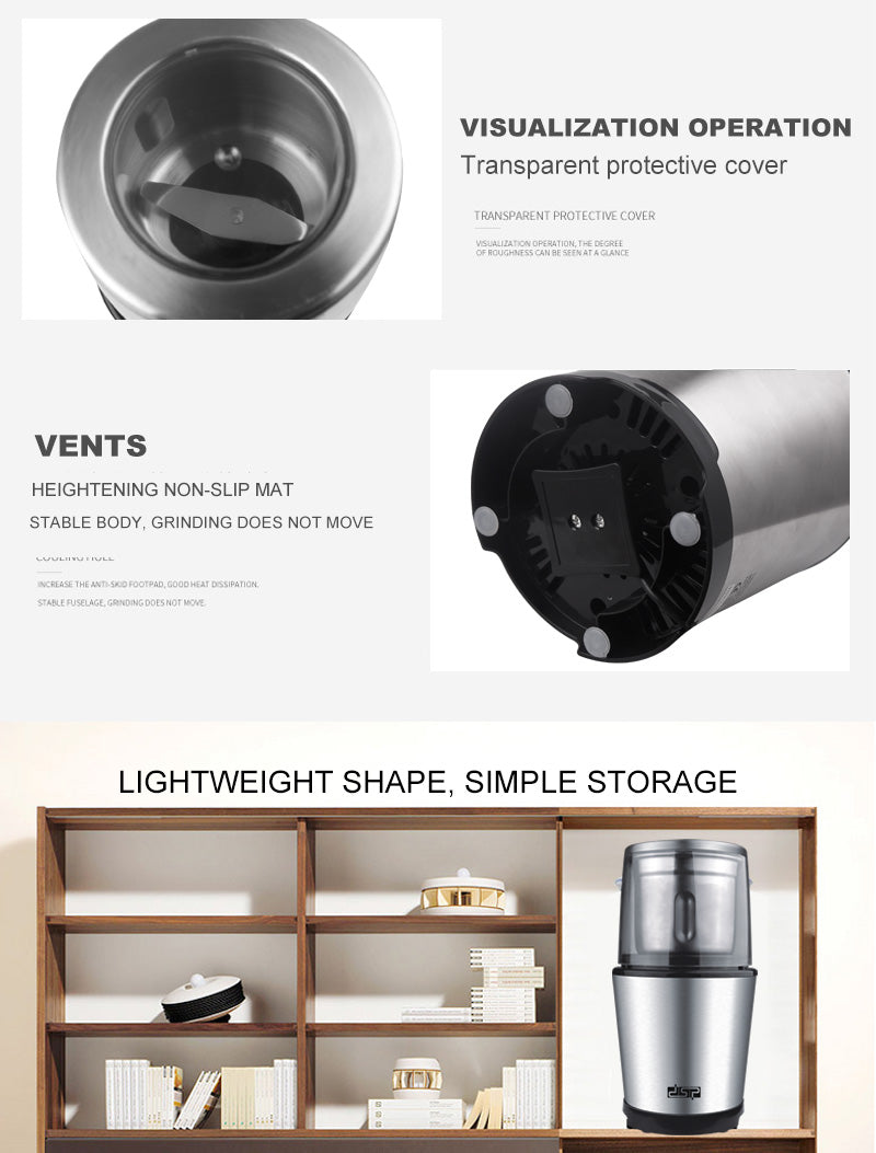 300W Professional Coffee Grinder with Stainless Steel Body, Pulse Mode & Safety Lock, Low Noise Design for Espresso/French Press at Home