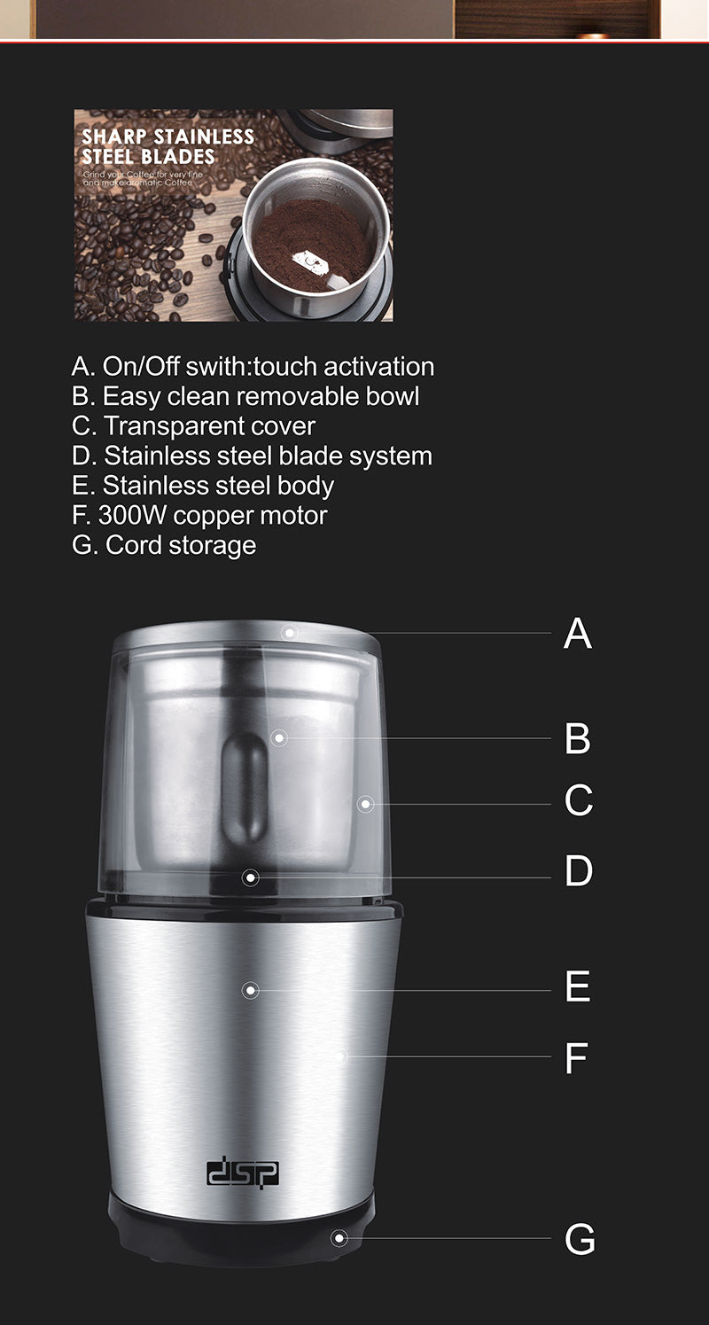 300W Professional Coffee Grinder with Stainless Steel Body, Pulse Mode & Safety Lock, Low Noise Design for Espresso/French Press at Home