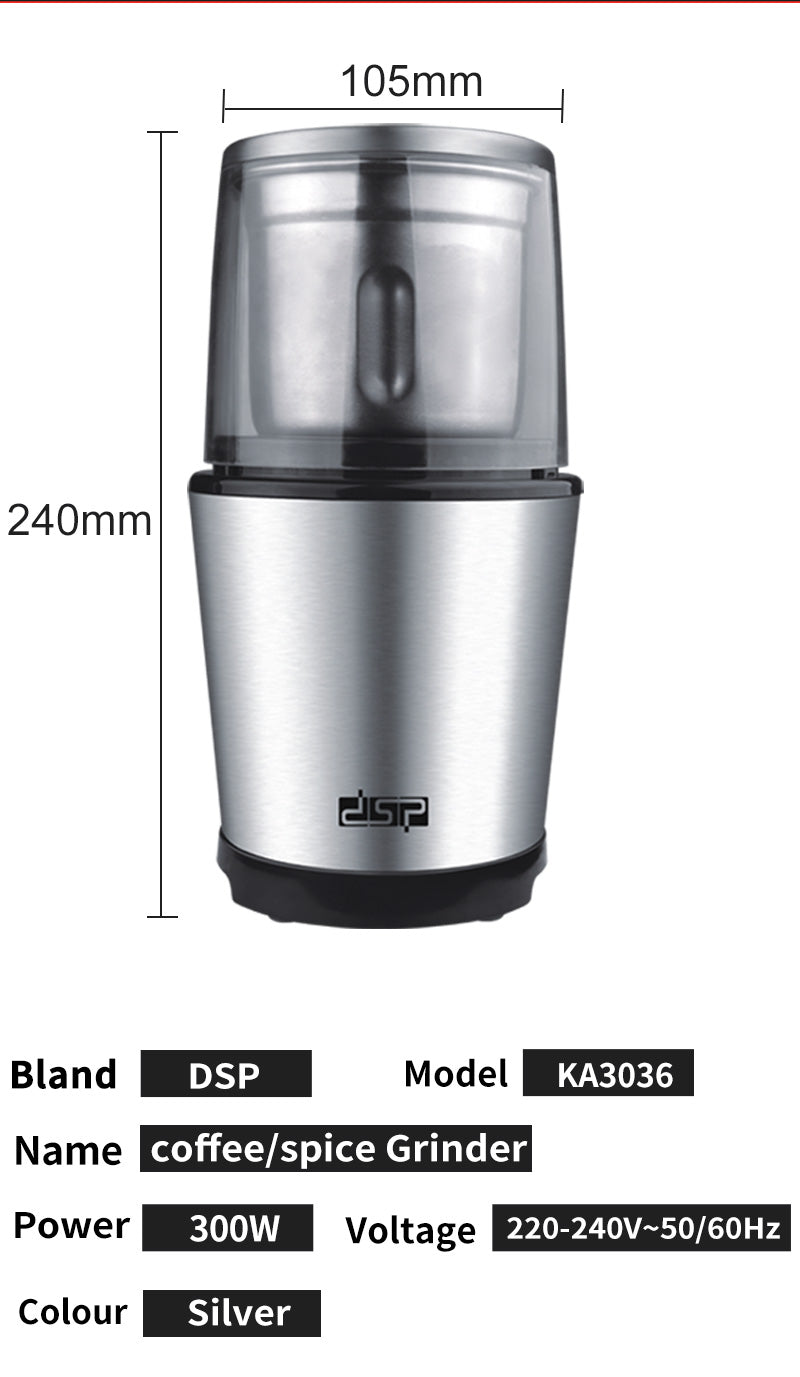 300W Professional Coffee Grinder with Stainless Steel Body, Pulse Mode & Safety Lock, Low Noise Design for Espresso/French Press at Home