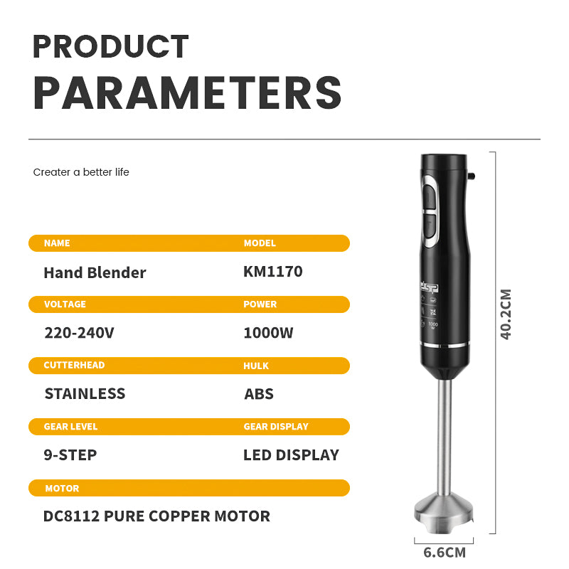 Kitchen Must-Have, Digital Display 9-Speed 1000W Professional Hand Blender with Detachable Stainless Steel Blades, Pure Copper Motor, Effortless Mixing for Soups/Sauces/Baking