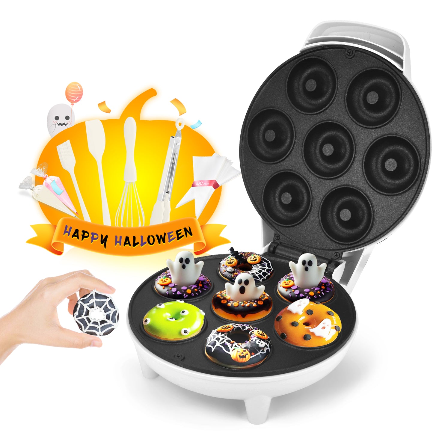 750W Professional Donut Maker with 7 Non-Stick Molds, Thermostatic Control & Cool-Touch Housing, Perfect for Homemade Snacks/Kids Parties