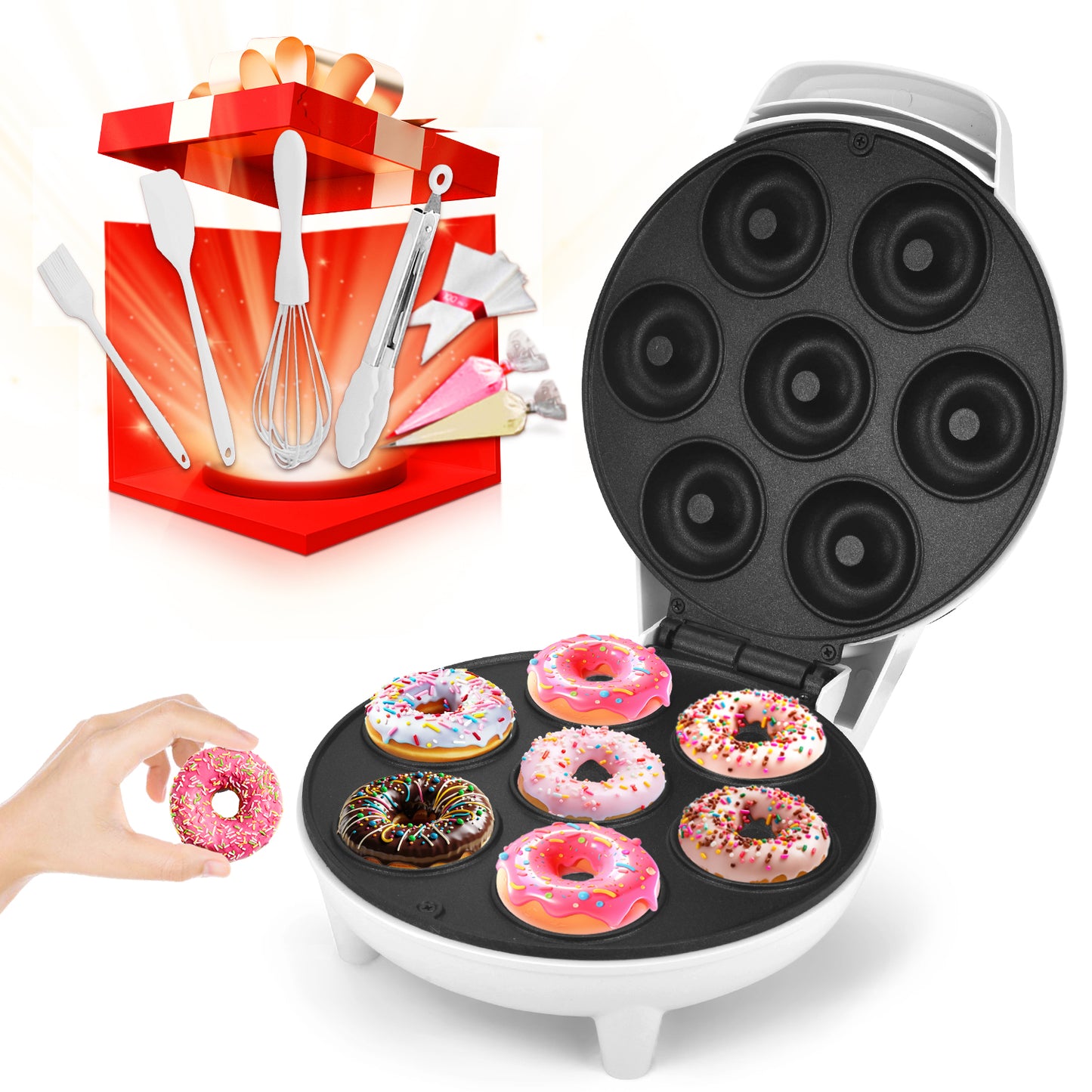 750W Professional Donut Maker with 7 Non-Stick Molds, Thermostatic Control & Cool-Touch Housing, Perfect for Homemade Snacks/Kids Parties